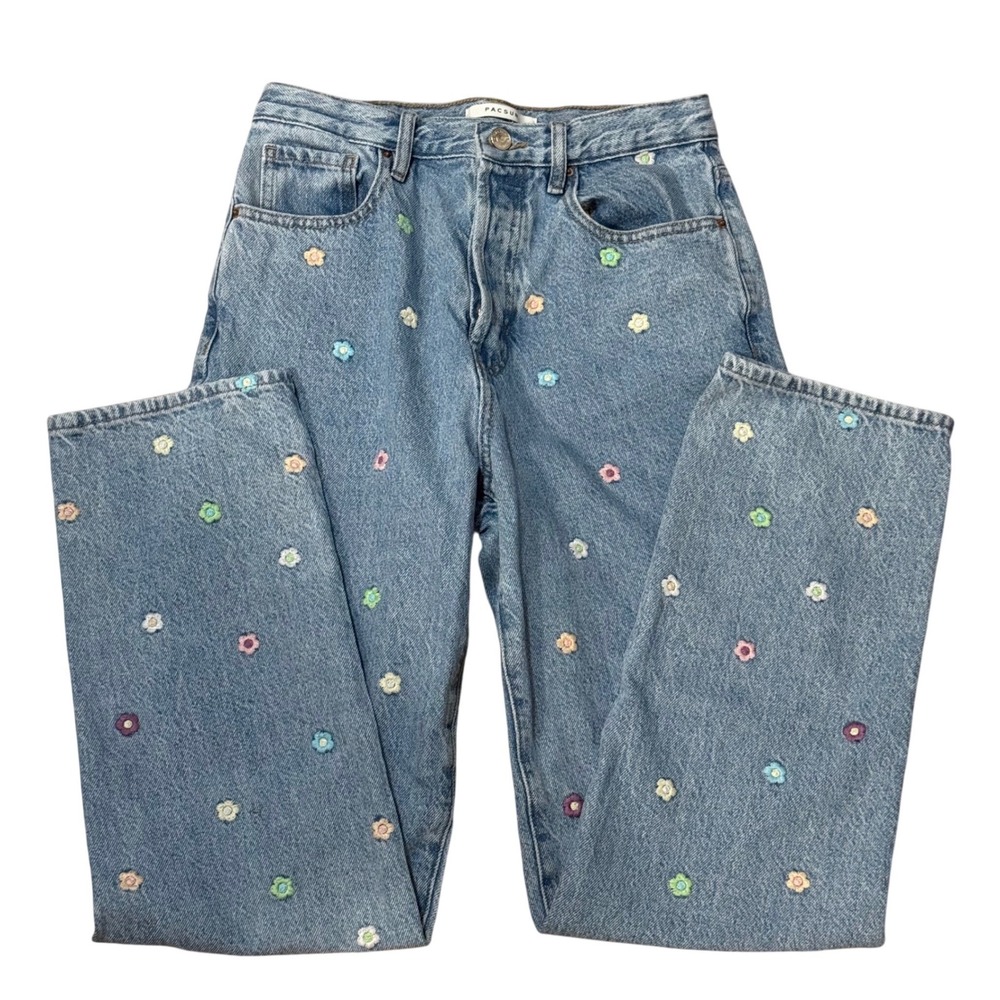 PacSun Colorful Embroidered Daisy Dad Jeans Size 27 Boho Denim High Rise Floral